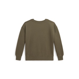 Ralph Lauren Polo Bear Logo Fleece Sweatshirt in Cruise Olive, children's crew neck sweat top, back view showing ribbed cuffs and dropped shoulders.