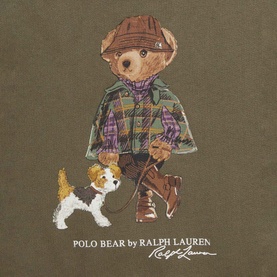 Ralph Lauren Polo Bear Logo Fleece Sweatshirt in Cruise Olive, featuring Polo Bear graphic in plaid jacket walking a Jack Russell Terrier