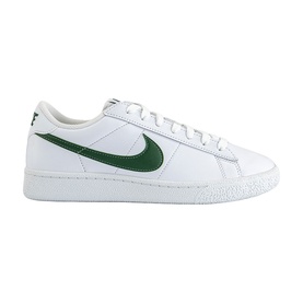 Nike white leather low-top trainer with green Swoosh logo, white lace-up upper and white sole