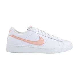 Nike trainer in white with Arctic Orange Swoosh logo, smooth leather upper, flat white rubber sole, low-top silhouette