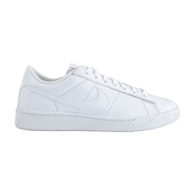 Nike low-top white leather trainer with tonal Swoosh logo, flat white lace-up front and clean white rubber sole