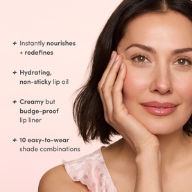 Model with Trinny London The Lip Reset Kit, showcasing hydrating lip oil and budge-proof liner. Text highlights 10 easy-to-wear shade combinations.