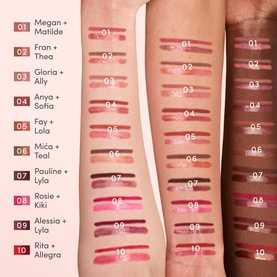 Trinny London The Lip Reset Kit lipstick swatches on three skin tones showing 10 shades from nude pink to deep berry