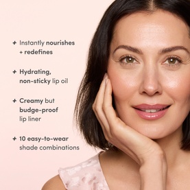 Model with Trinny London The Lip Reset Kit, showcasing hydrating lip oil and budge-proof lip liner in 10 easy-to-wear shade combinations