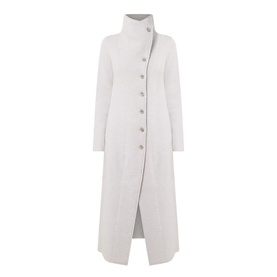 Transit white 100% virgin wool longline coat with high funnel neck and silver button fastening, front split hem