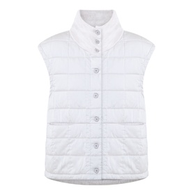 Transit gilet in ice white, quilted sleeveless design with button front fastening and high collar