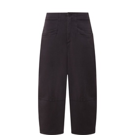 Transit Barrel-Leg Trousers in Choco, high-rise with wide barrel leg, front slip pockets, rear welt pockets and tonal stitching