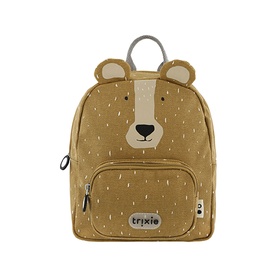 Trixie brown bear-face kids backpack with embroidered ears, front zip pocket, and grey top handle