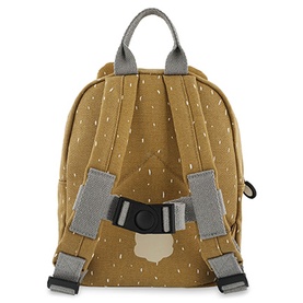 Trixie brown mini children's backpack, rear view showing padded straps with chest clip and grey carry handle