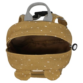 Trixie brown children's backpack shown open, revealing spacious interior with grey top handle and clip fastening.