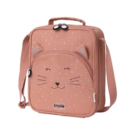 Trixie pink cat-face lunch bag with ears, whisker embroidery, front zip pocket, top handle and detachable shoulder strap