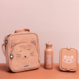 Trixie pink cat-themed lunch bag set with matching water bottle and snack box, polka dot fabric with cat ear detailing
