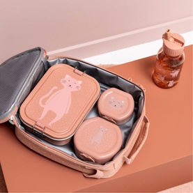 Trixie pink insulated lunch bag open, showing cat-print bento box and two round snack pots inside, with drink bottle alongside
