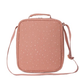 Trixie pink insulated lunch bag with gold spot print, top carry handle and adjustable crossbody shoulder strap