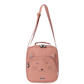 Trixie pink cat-face lunch bag with adjustable crossbody strap, small top handle, and embroidered whisker detail