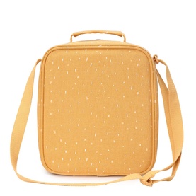 Trixie orange insulated lunch bag with carry handle, gold zip, white speckle print, and adjustable crossbody strap