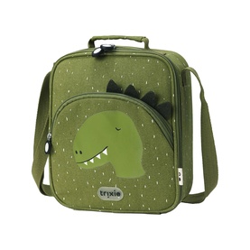 Trixie green insulated lunch bag with embroidered dinosaur face, carry handle and adjustable crossbody strap