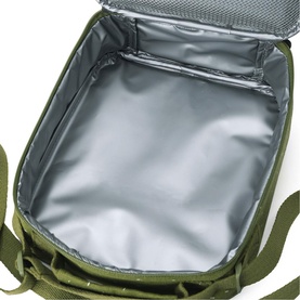 Trixie green insulated lunch bag with silver-lined interior compartment, shown open to reveal spacious main section