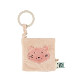 Trixie pink soft activity book toy with cat face appliqu&eacute; and wooden ring clip attachment for prams or cots