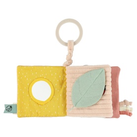 Trixie pink soft activity book toy with mirror panel, leaf texture page, and ring clip attachment for prams