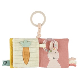 Trixie pink fabric activity book toy with bunny and carrot panels, teething ring and clip attachment