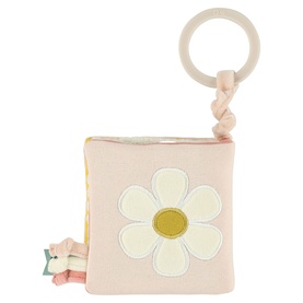 Trixie pink soft fabric activity book with daisy appliqu&eacute;, ribbon tags, and wooden teething ring clip attachment