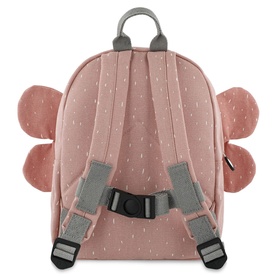 Trixie pink children's backpack, rear view showing adjustable grey padded straps, buckle fastening, and elephant ear side details