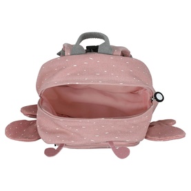 Trixie pink crab-shaped kids backpack, open view showing pink interior lining and zip closure, with claw side details