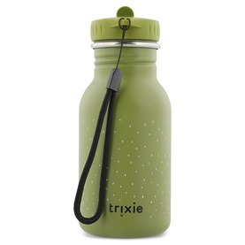 Trixie green stainless steel kids water bottle with straw lid, black wrist strap, and crocodile spot texture detail.