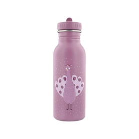 Trixie purple stainless steel water bottle with peacock character print, pink straw lid, and speckled detail