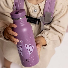 Trixie purple stainless steel water bottle with hedgehog motif and matching straw lid, held by a child