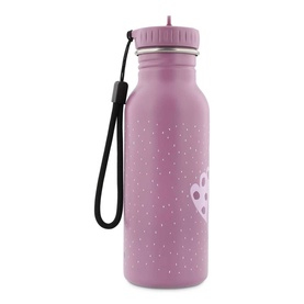 Trixie purple stainless steel kids water bottle with white dot pattern, paw print detail, straw lid, and black carry strap
