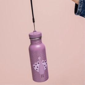 Trixie purple stainless steel kids bottle with peacock graphic, straw lid, and black carry strap