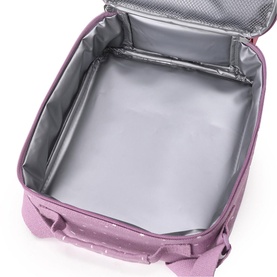 Trixie purple lunch bag shown open, revealing silver insulated interior lining and zip closure detail.