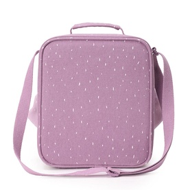 Trixie purple insulated lunch bag with white speckle print, top carry handle, zip closure and adjustable crossbody strap