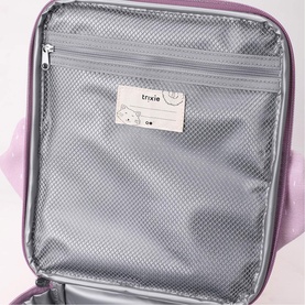 Trixie purple children's bag interior showing grey mesh pocket, zip compartment, and branded label