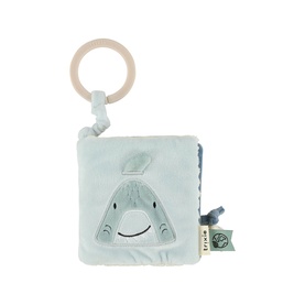 Trixie grey soft activity book toy with shark face design, wooden teething ring clip, and crinkle texture pages for babies