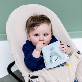 Baby holding Trixie grey soft fabric book with elephant design, seated in a bouncer chair