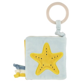 Trixie grey soft activity book with yellow starfish appliqu&eacute;, teething ring, and sensory ribbons for babies
