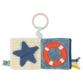 Trixie soft activity book in grey-blue with star and life ring appliqu&eacute;s, cream textured panel, and wooden teething ring attachment