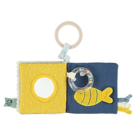 Trixie soft activity book in yellow and navy with mirror, fish teether, and wooden ring clip attachment for babies