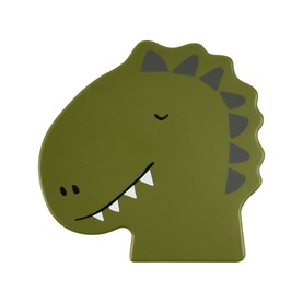 Trixie green dinosaur-shaped lunch box with smiling T-Rex face design, dark green spikes and white teeth detail