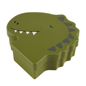 Trixie green dinosaur-shaped lunch box with smiling face design, layered stacking sections and jagged spine detail