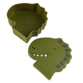 Trixie green dinosaur-shaped silicone lunch box with removable lid, T-rex face design with teeth detail