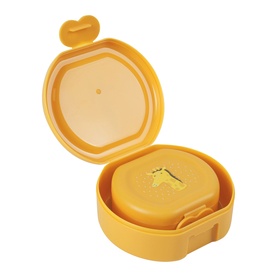 Trixie orange giraffe-motif lunch box with hinged lid, open to show interior compartment, compact round design