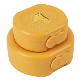 Trixie orange giraffe-print snack box set, two stackable round lunch boxes with clip-lock lids in yellow-orange plastic