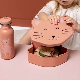 Trixie pink cat-shaped lunch box open with food inside, styled with matching pink water bottle, held by young child