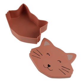 Trixie Pink Cat-shaped silicone lunch box, open to show lid with winking cat face, ears, and whiskers detail