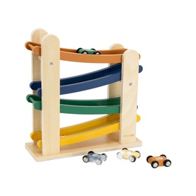 Trixie wooden car ramp tower in multi-colour with four levels and four small wooden racing cars included
