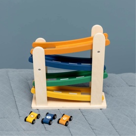 Trixie multi-coloured wooden car ramp tower toy with four striped ramps and three small blue and yellow racing cars